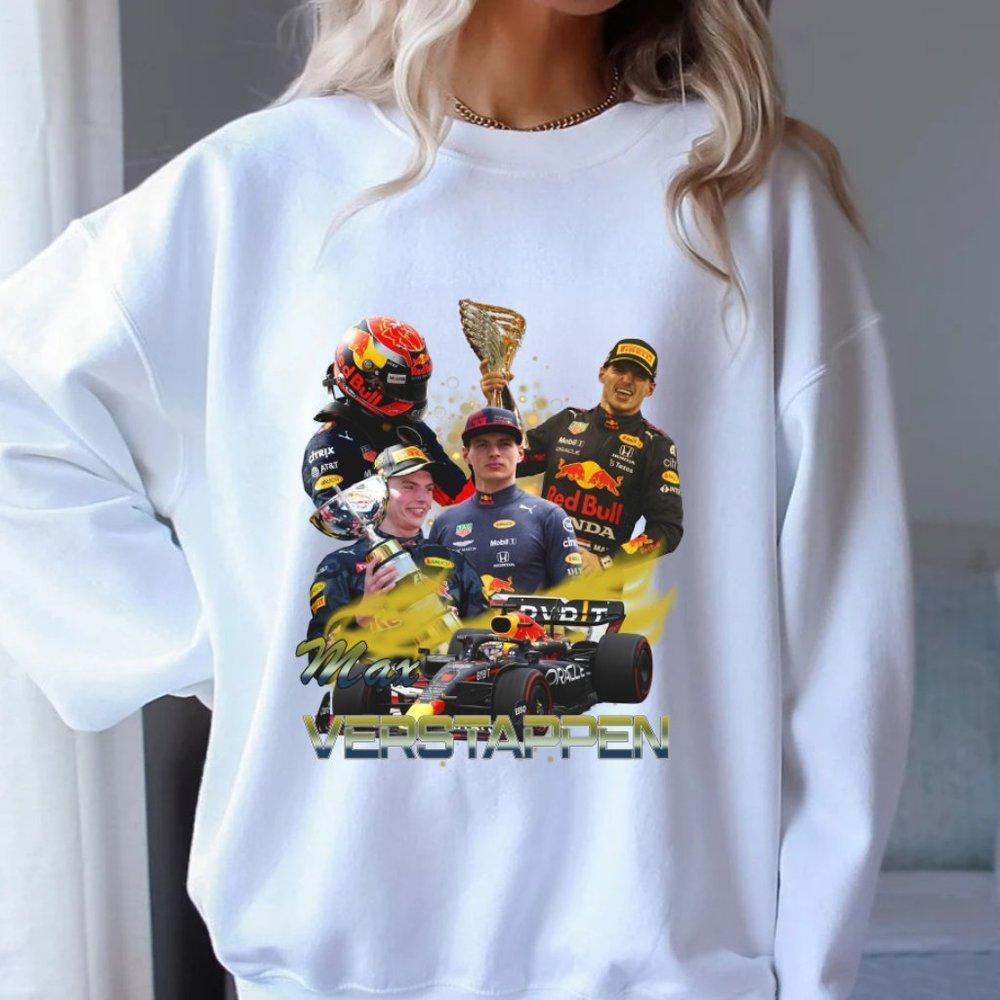 Max Verstappen Crewneck Sweater, Racer F1 Design White Sweatshirt